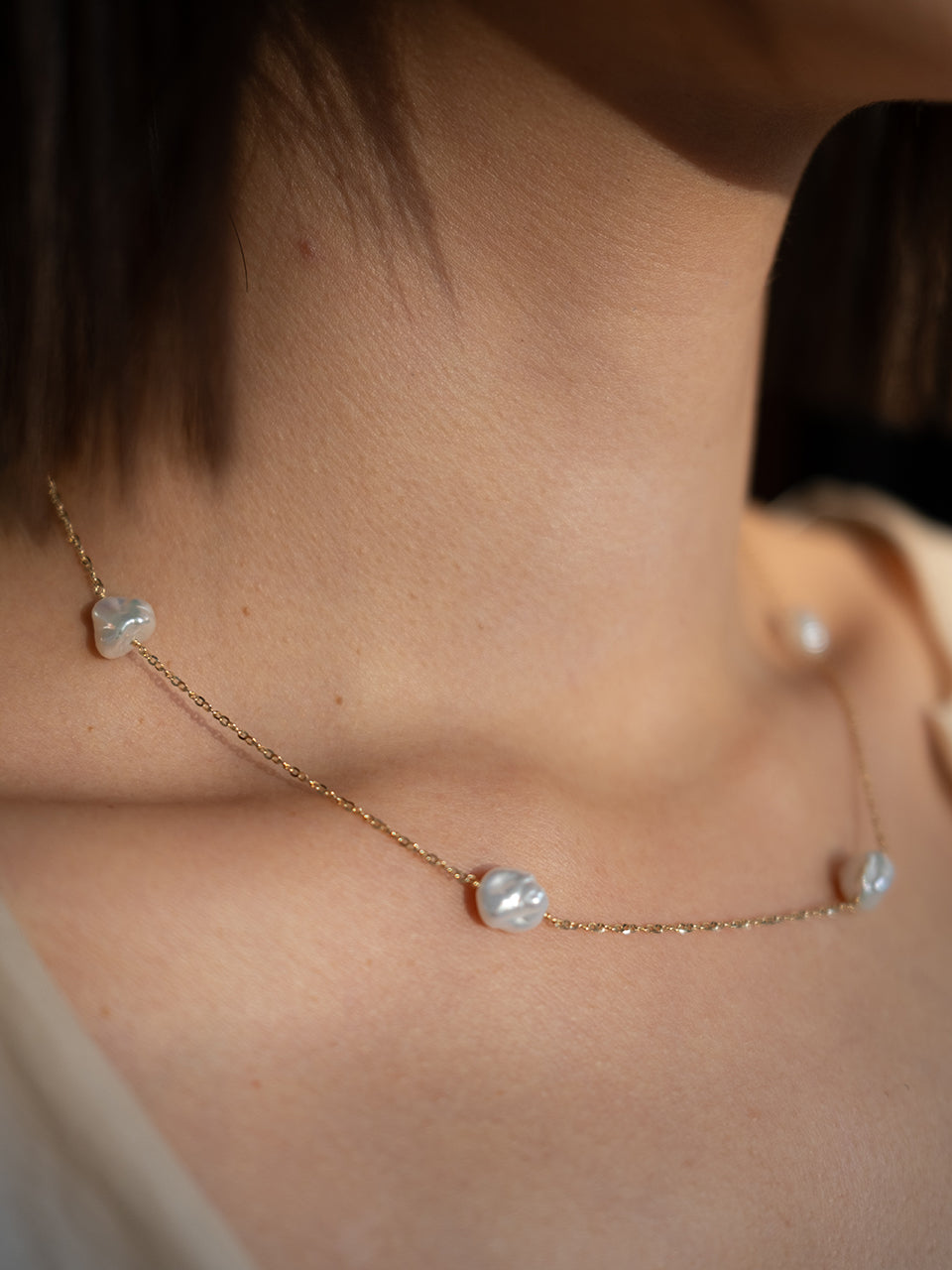 (14k) Glittering Pearl Chain Necklace (41cm)