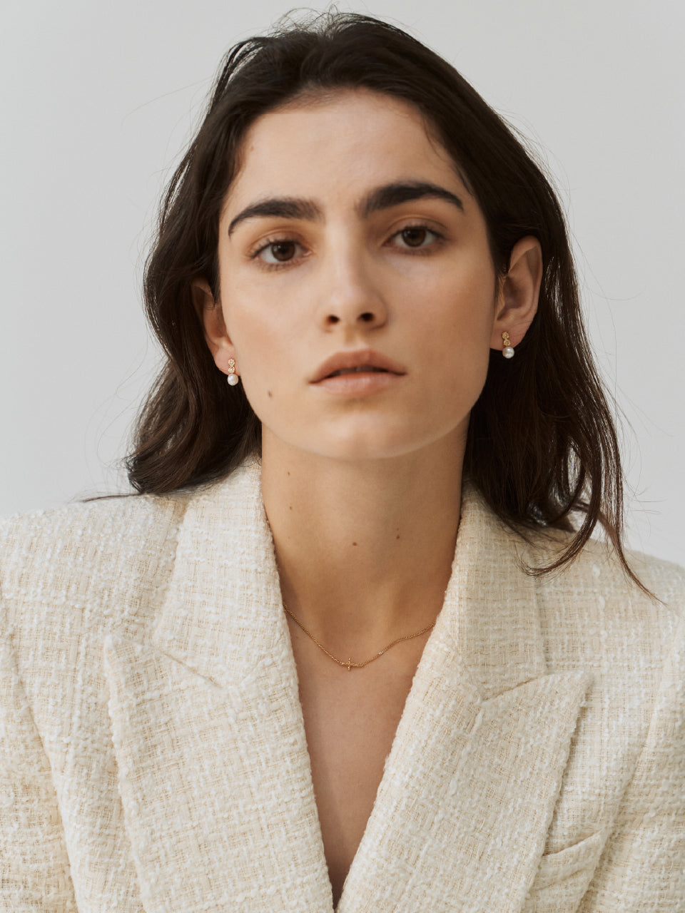 (14k) Double Sprout Studs (cognac diamond, pearl)
