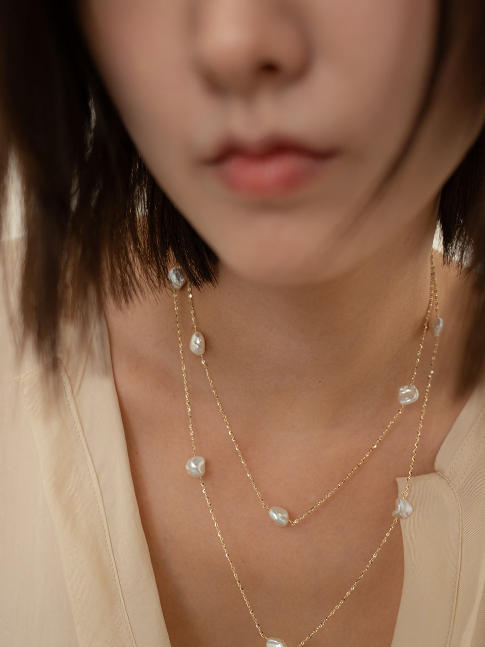 (14k) Glittering Pearl Chain Necklace (90cm)