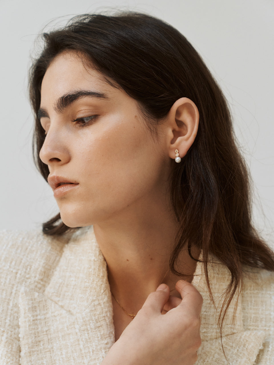 (14k) Double Sprout Studs (cognac diamond, pearl)