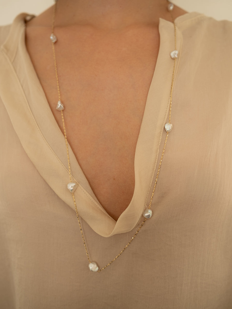 (14k) Glittering Pearl Chain Necklace (90cm)