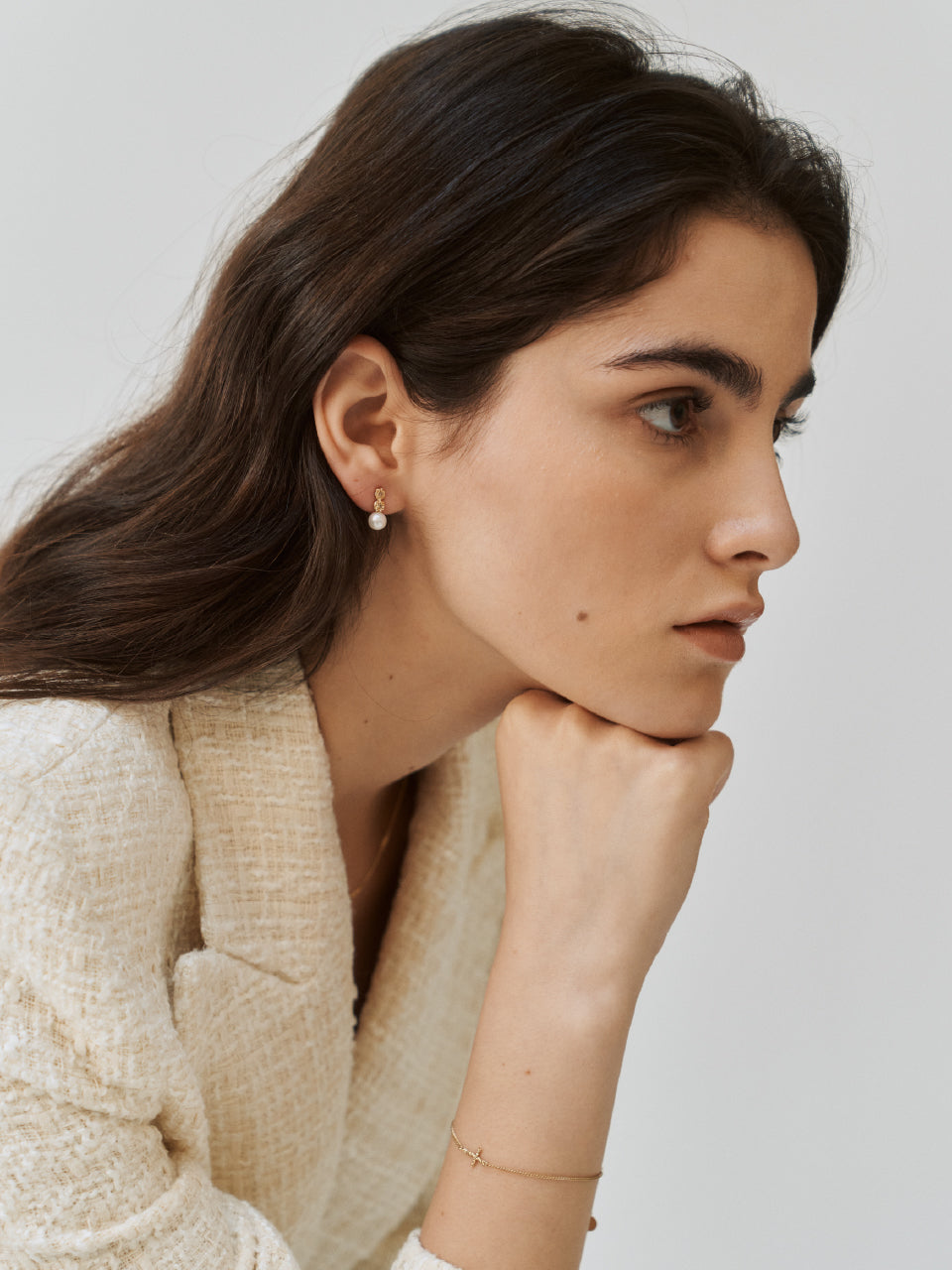 (14k) Double Sprout Studs (cognac diamond, pearl)