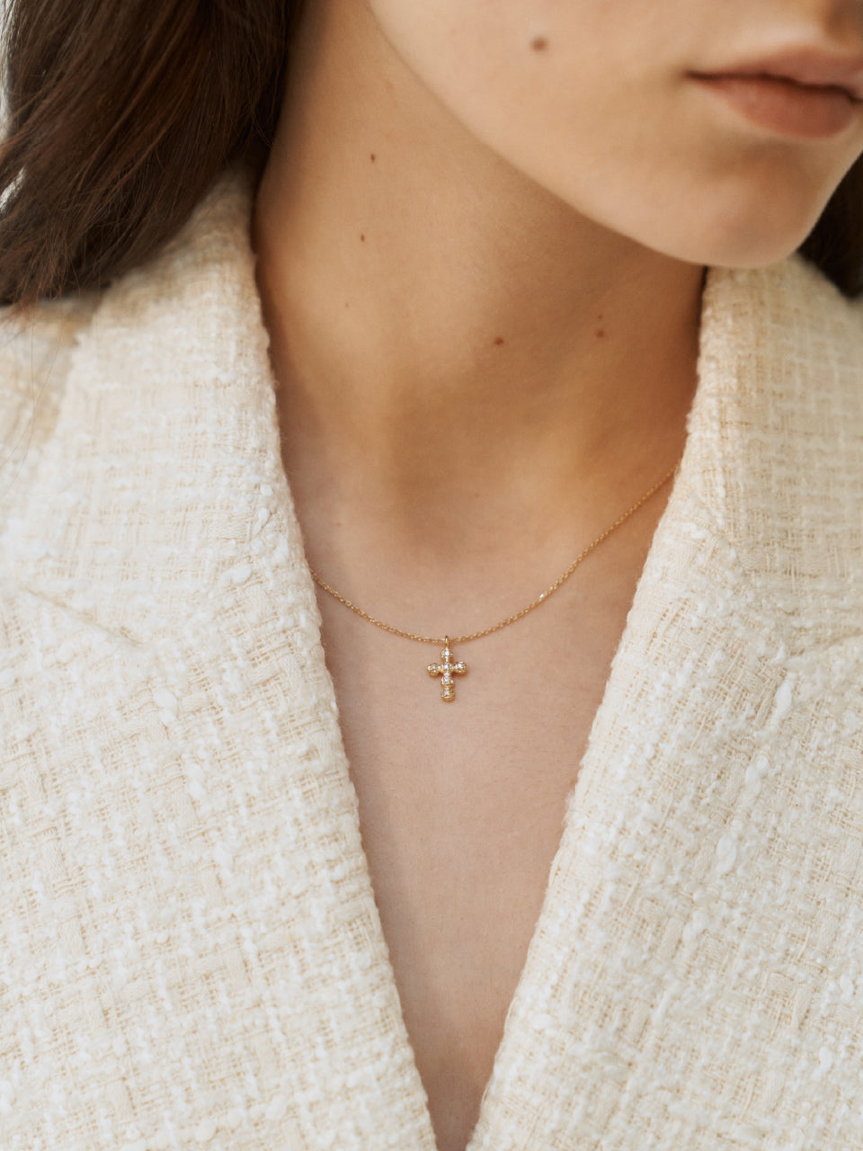(14k) Sprout Cross Necklace (cognac diamond)