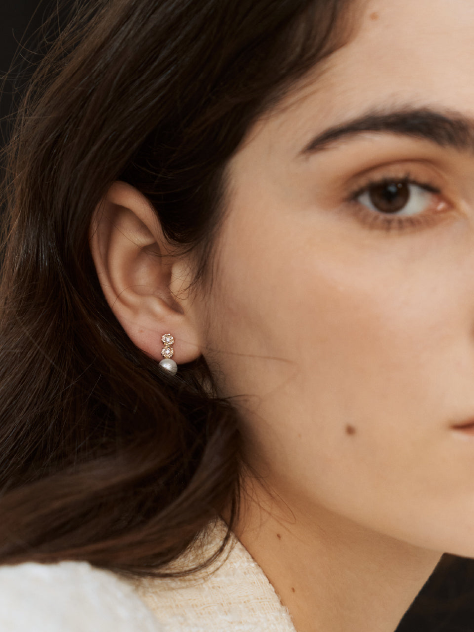 (14k) Double Sprout Studs (cognac diamond, pearl)