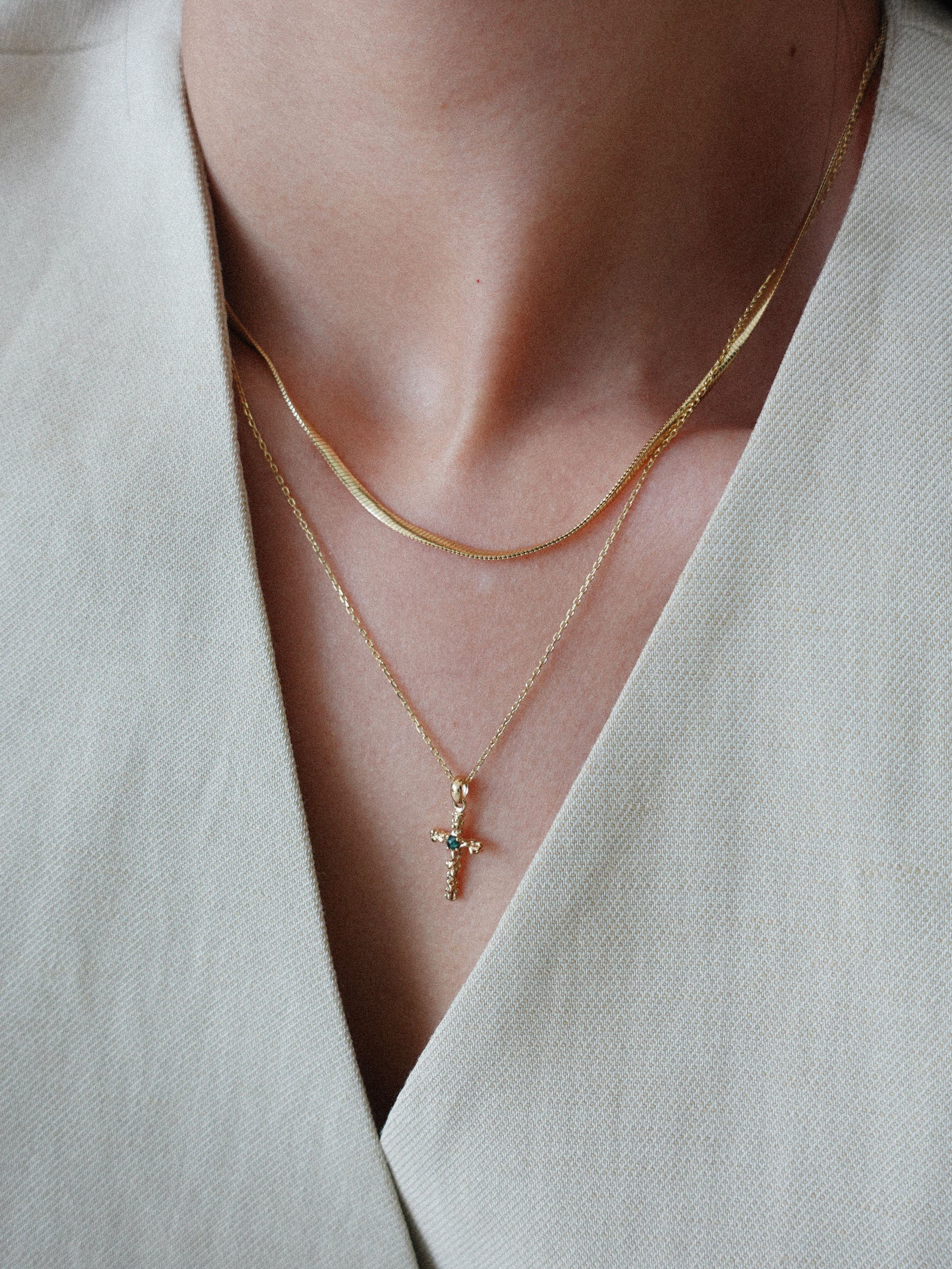 (14k) Twig Cross Necklace (rough diamond)
