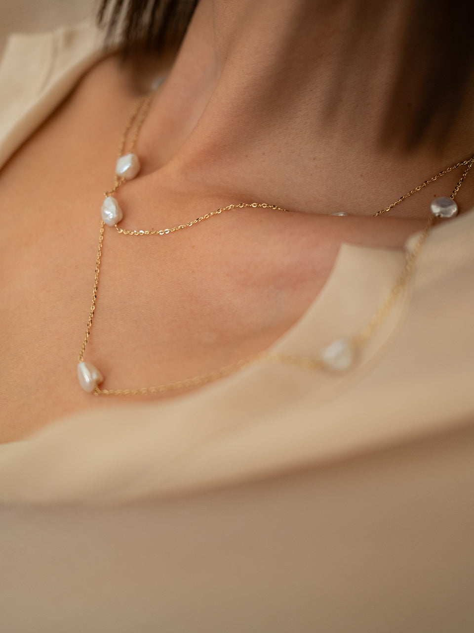 (14k) Glittering Pearl Chain Necklace (90cm)