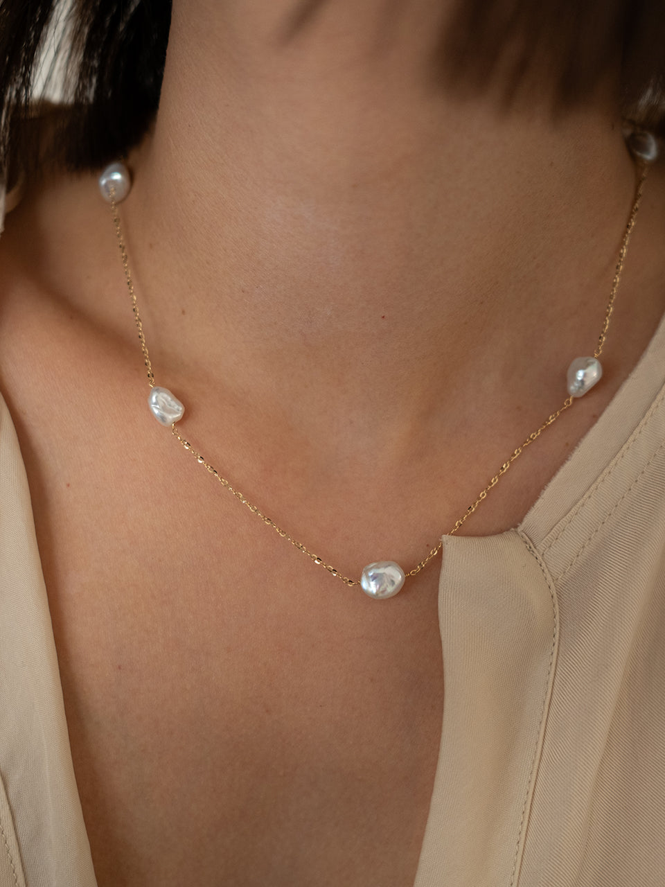 (14k) Glittering Pearl Chain Necklace (41cm)