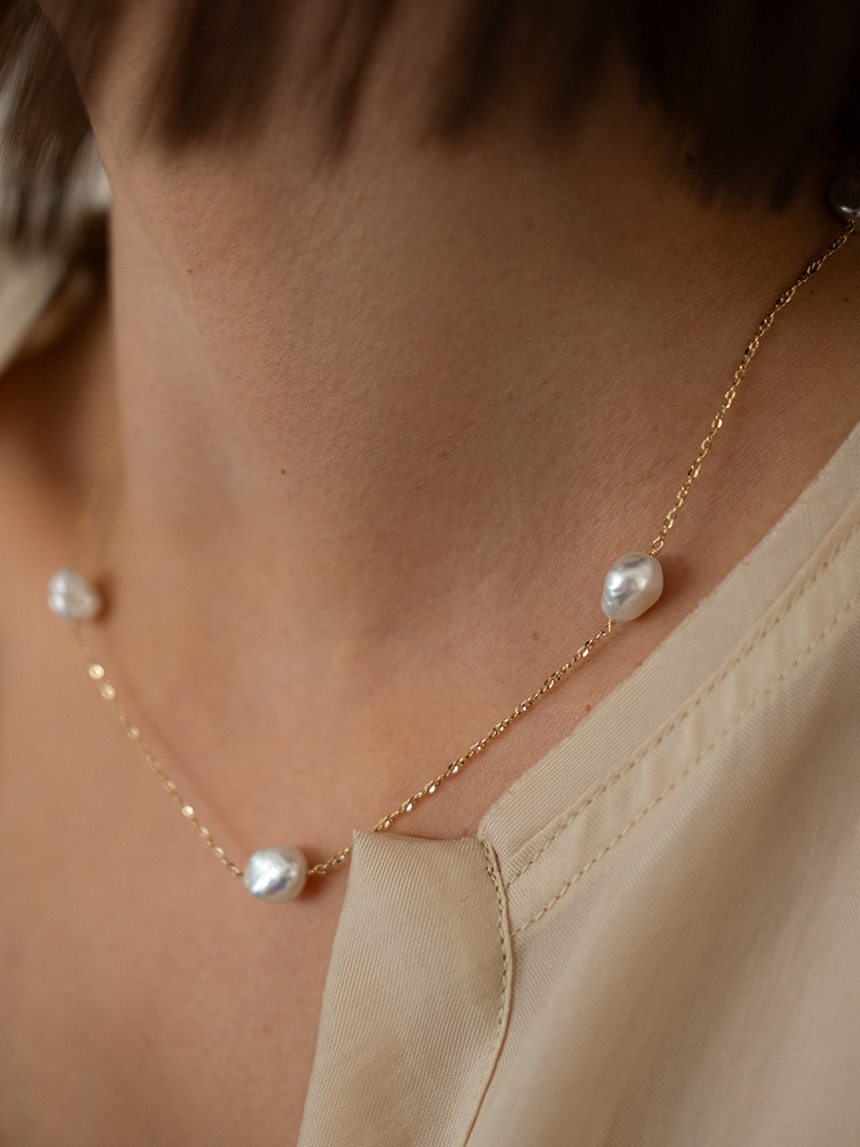 (14k) Glittering Pearl Chain Necklace (41cm)