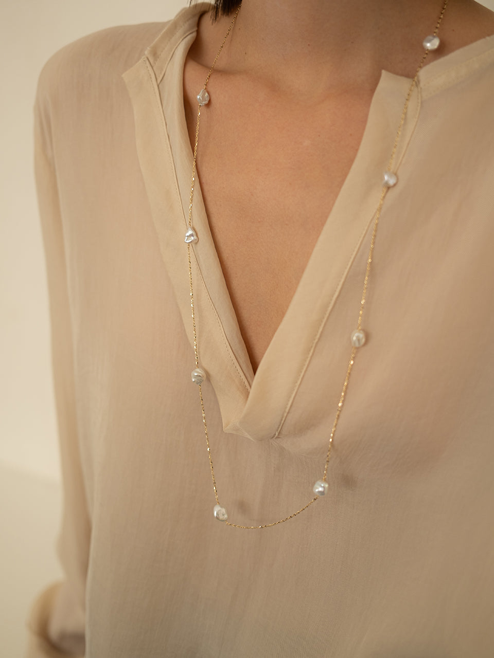 (14k) Glittering Pearl Chain Necklace (90cm)