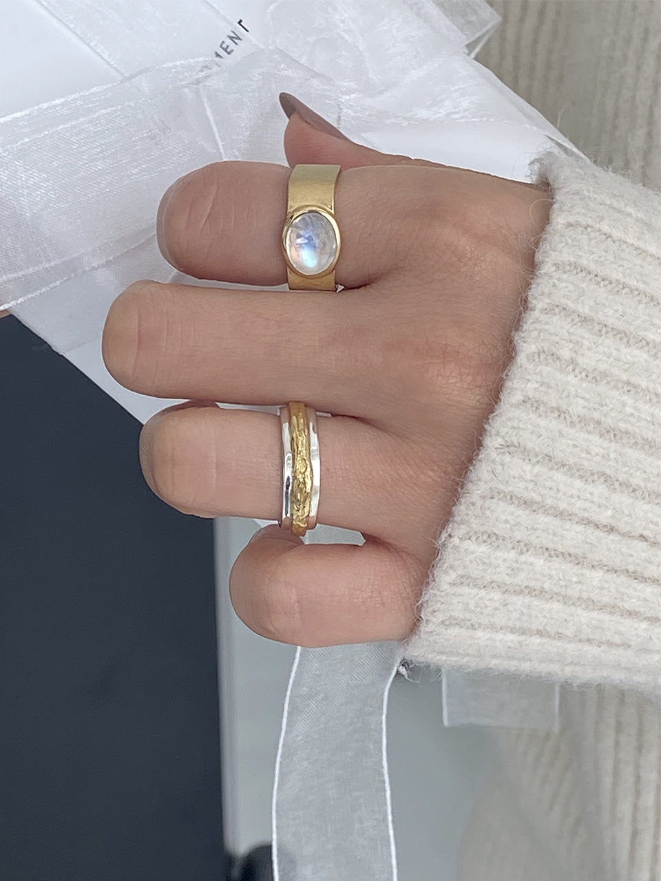 Valentine Square Ring (Rainbow Moonstone)