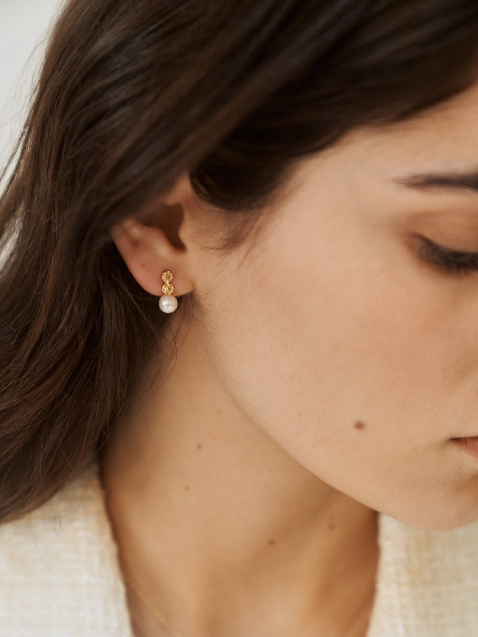 (14k) Double Sprout Studs (cognac diamond, pearl)