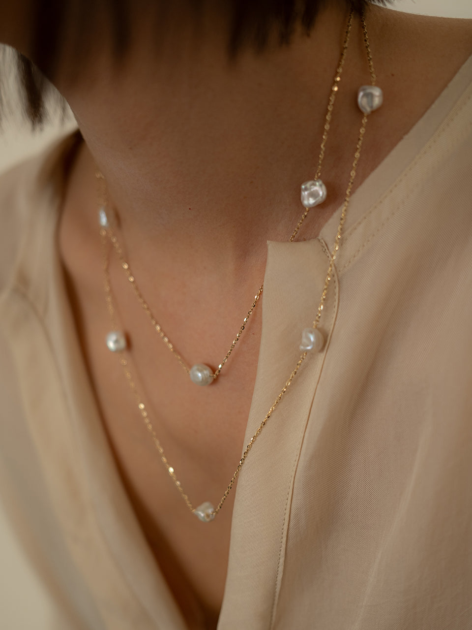 (14k) Glittering Pearl Chain Necklace (90cm)