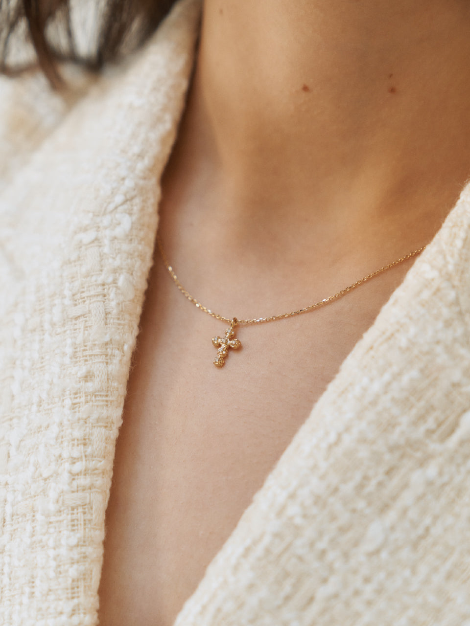 (14k) Sprout Cross Necklace (cognac diamond)