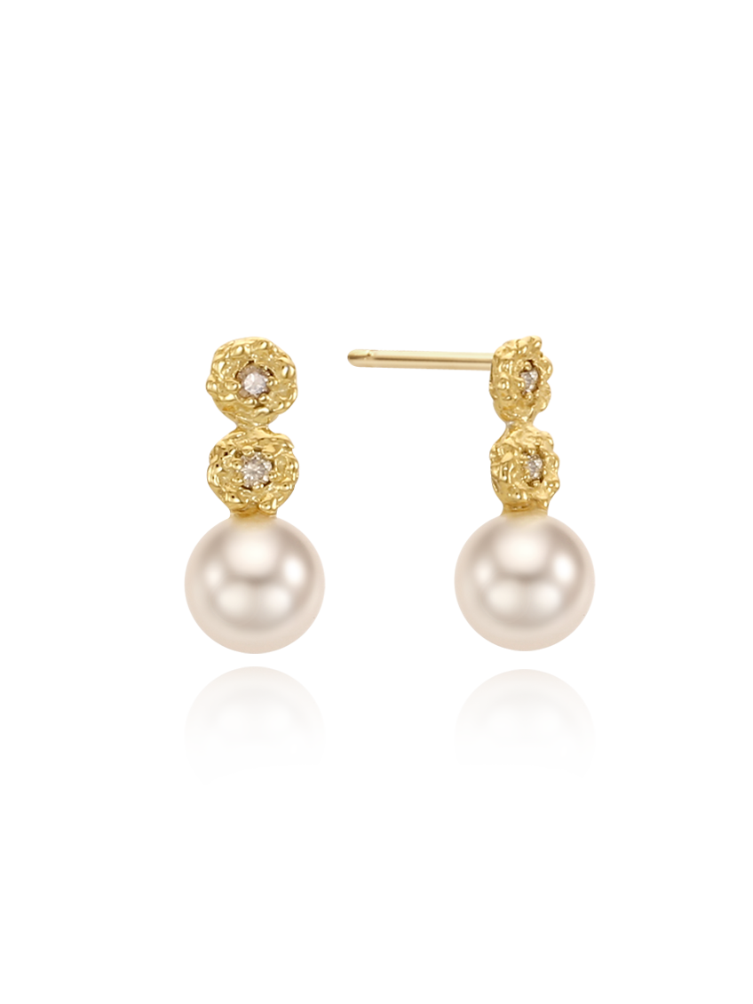 (14k) Double Sprout Studs (cognac diamond, pearl)